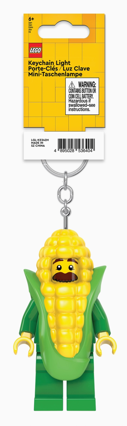 LEGO keychain light featuring a corn cob character with LED light and attached keyring accessory
