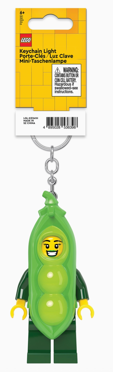 LEGO KeyLight Peapod Girl keychain with LED light featuring a smiling minifigure in a pea pod suit