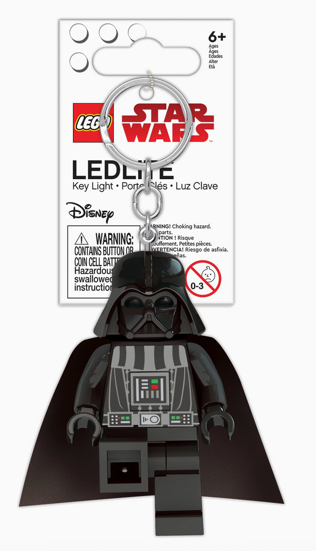 Darth Vader LED light keychain designed as a LEGO minifigure with a light-up foot and key ring attachment