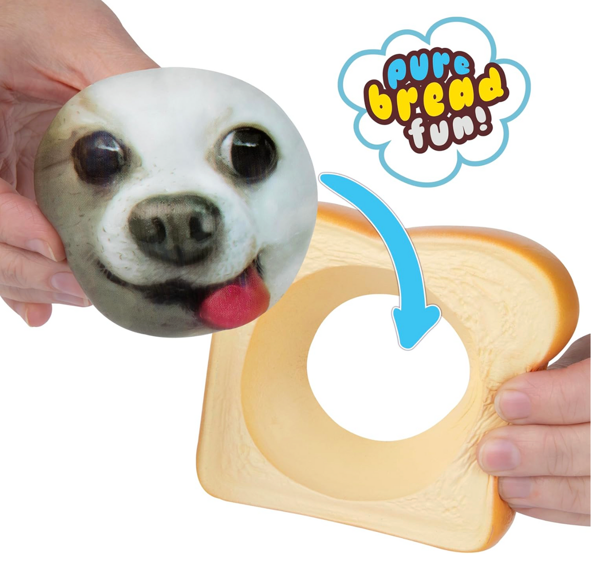 Hands holding a slow rising squishy dog face toy and a slice of bread squishy with a hole in the center