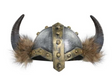 Horned Viking helmet with molded worn metal look and fur accents perfect for medieval or costume parties