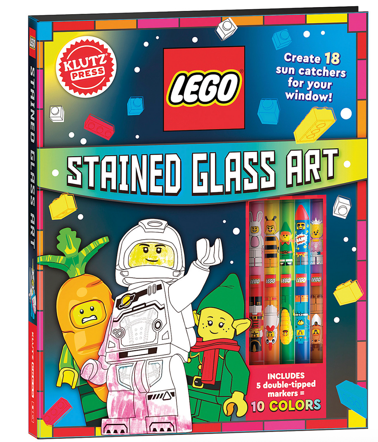 LEGO Stained Glass Art kit box with colorful characters and markers for creating sun catcher window art pieces.