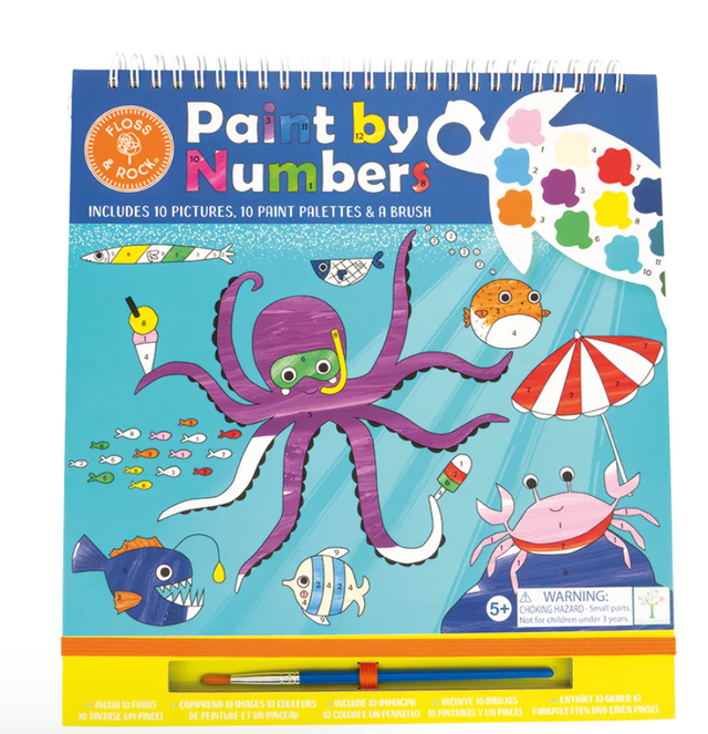 Spiral-bound Ocean Paint by Numbers set with 10 sea animal pictures, paint palettes shaped like turtles, and a paintbrush.