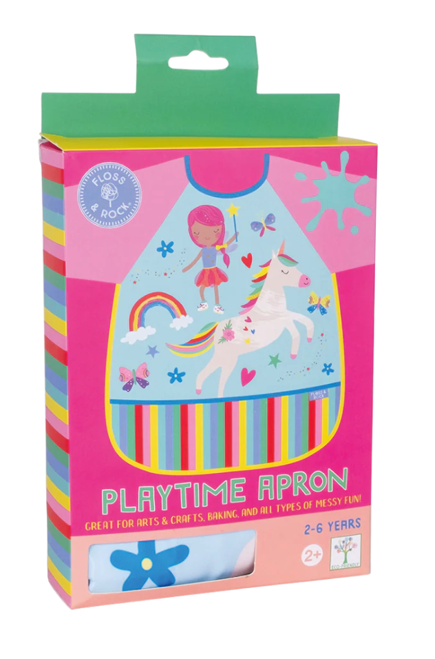Colorful playtime apron for kids featuring a fairy and unicorn design, perfect for messy arts and crafts activities