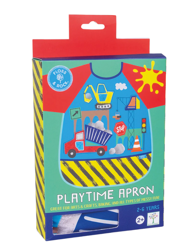 Colorful construction-themed playtime apron for kids aged 2 to 6, perfect for messy arts and crafts activities