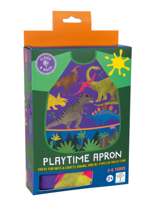Colorful dinosaur-themed kids apron packaging designed for messy play, arts, crafts, and baking for ages 2 to 6 years