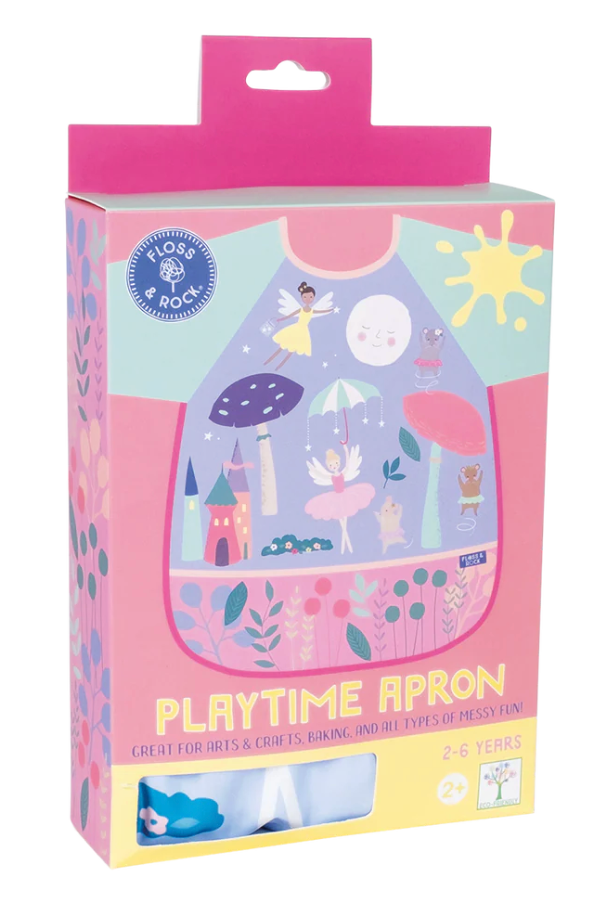 Colorful children’s apron packaging featuring fairy and mushroom designs, ideal for arts, crafts, and messy play ages 2 to 6