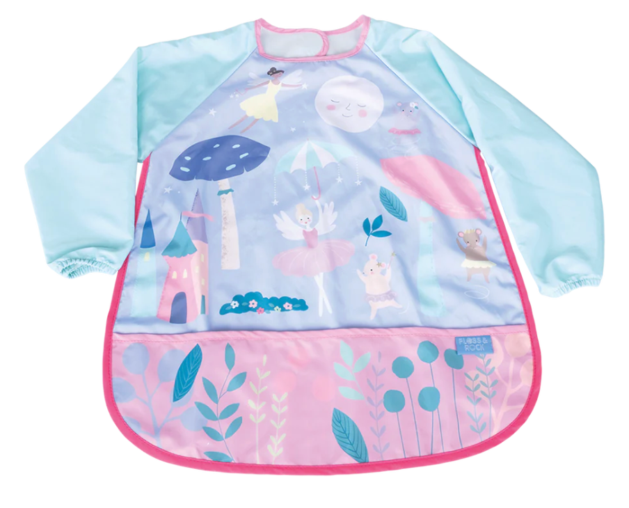 Child’s long-sleeve pastel apron with fairy tale design, adjustable neck and pocket for messy play and crafts