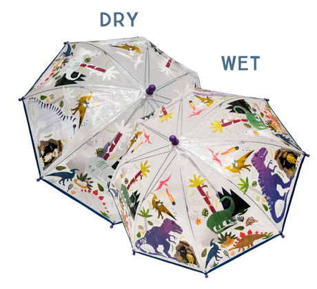 Transparent children's umbrella with dinosaur design that changes color when wet and reverts when dry