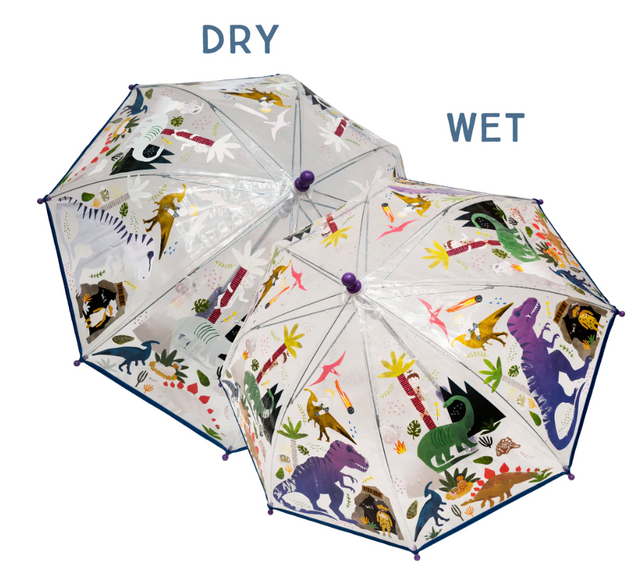 Transparent children's umbrella with dinosaur design that changes color when wet and reverts when dry