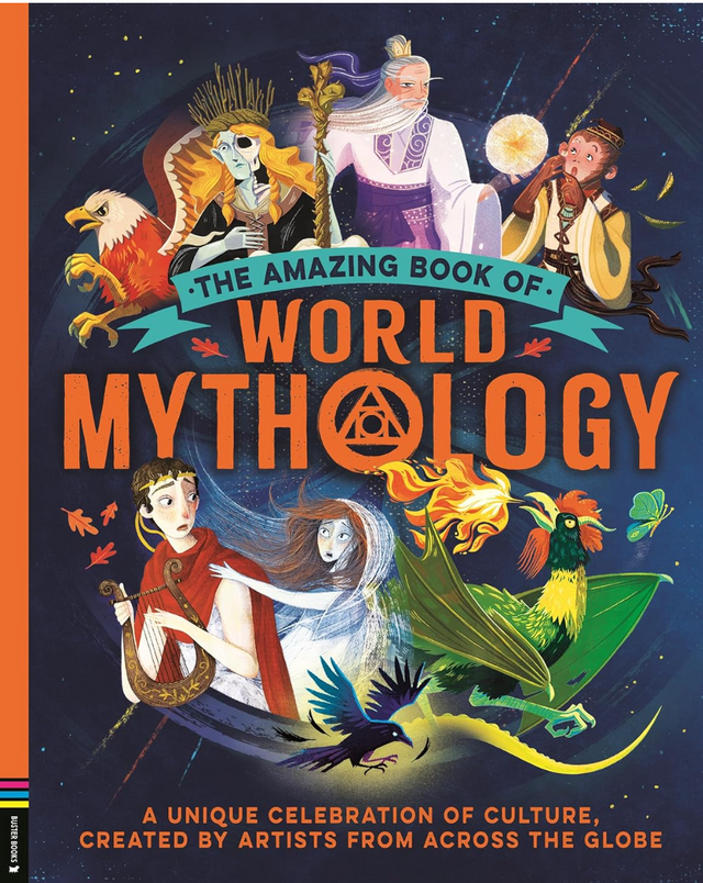 Cover of a mythology book featuring diverse mythical characters, creatures, and vibrant fantasy artwork