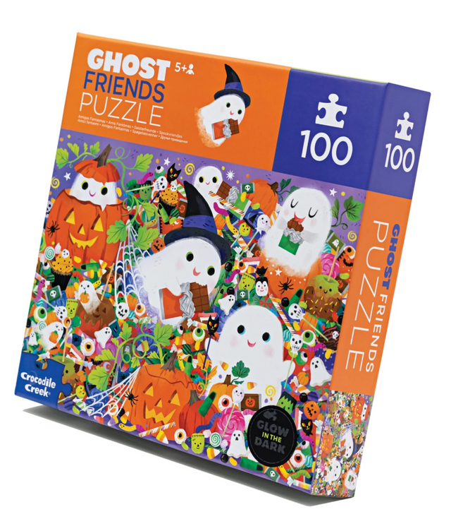 100-piece Halloween puzzle featuring cute ghosts, pumpkins, and candy that glow in the dark for kids aged 5 and up