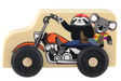 Wooden toddler motorcycle toy with black wheels featuring a friendly sloth and koala riding a bike design