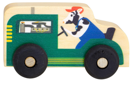 Wooden toy tractor with painted cow driver, durable hardwood wheels, made from responsibly sourced pine for toddlers.