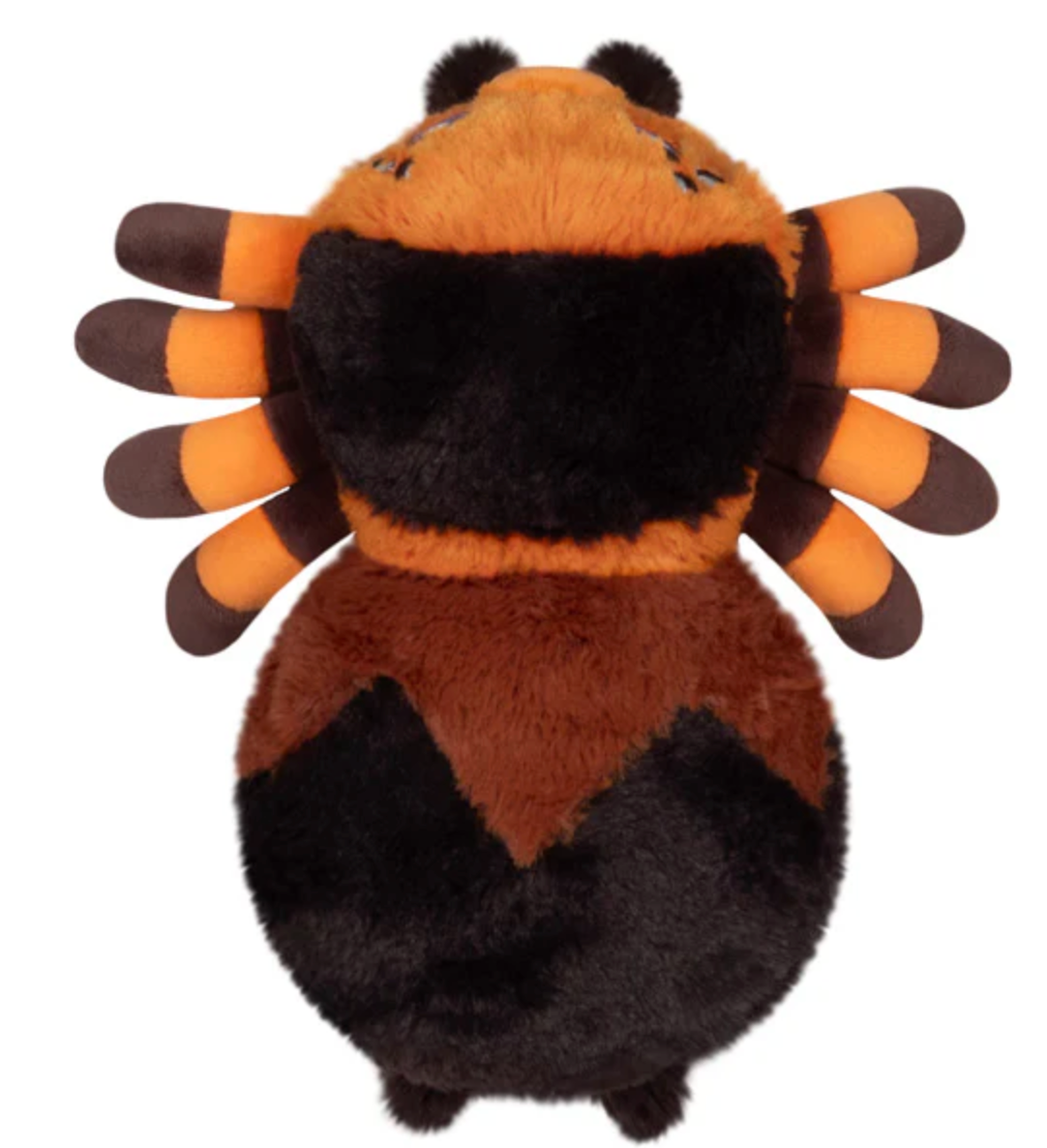 Soft and colorful plush tarantula toy with orange and black stripes, perfect for all ages and cozy snuggles.