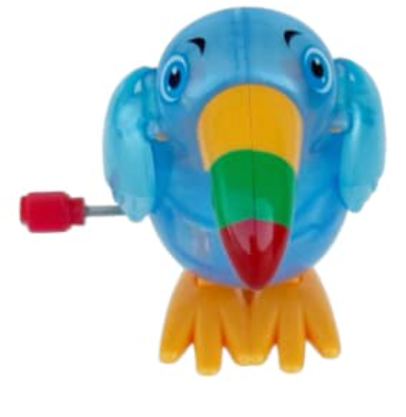 Blue translucent wind-up toucan toy with colorful beak and orange feet facing forward on white background