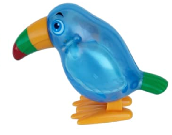 Bright blue translucent plastic toucan wind-up toy with colorful beak and wings standing on yellow feet