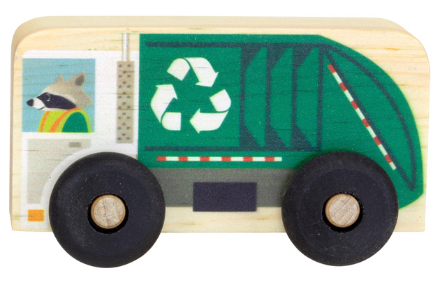 Wooden recycle truck toy with green printed details and black hardwood wheels designed for toddlers aged two and up