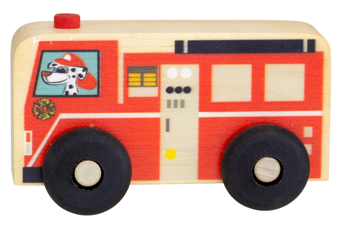 Small wooden fire truck toy with black wheels and printed details featuring a Dalmatian dog firefighter inside