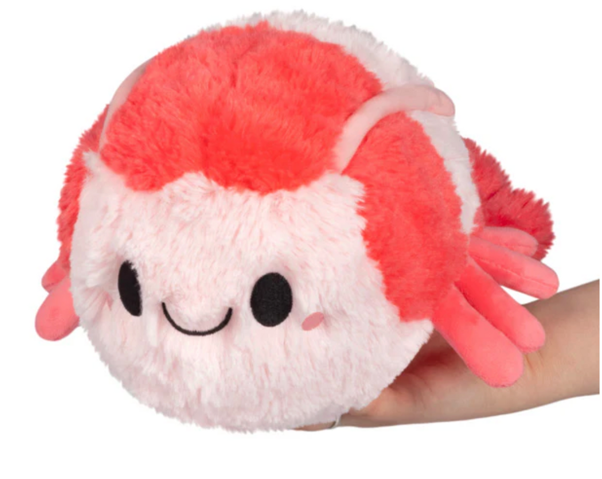 Soft and cuddly Crystal Shrimp Mini plush toy in red and white colors held in hand for scale