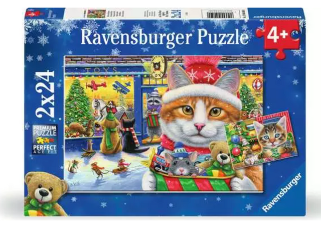 24-piece Christmas puzzle featuring playful kittens in holiday scenes by artist Bridget Voth for children aged 4 and up