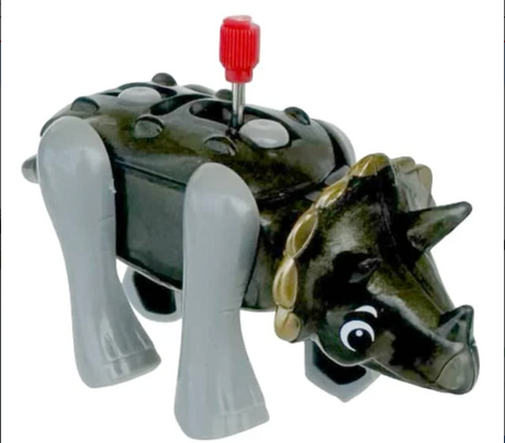 Wind-up toy dinosaur with a black body, gray legs, red knob, nodding head, and swinging tail for kids ages 3 and up