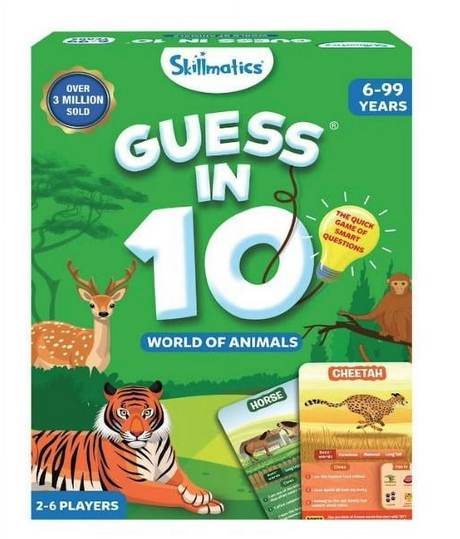 Guess in 10 World of Animals game box with animal cards including tiger, cheetah, horse, for ages 6 to 99 years.