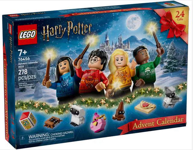 LEGO Harry Potter Advent Calendar 2025 with festive minifigures wearing Christmas sweaters and magical mini builds