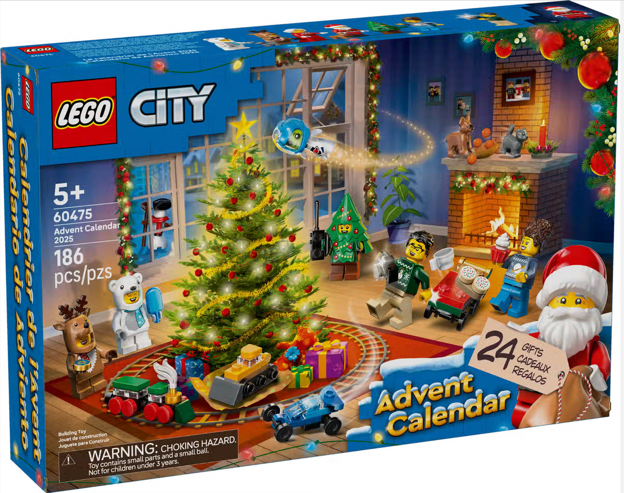 Box of LEGO City Advent Calendar 2025 featuring holiday characters, a Christmas tree, and a festive indoor scene with 24 surprises.