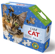 24-piece cat head-shaped jigsaw puzzle box showing partially assembled puzzle with bright green cat eyes on blue background