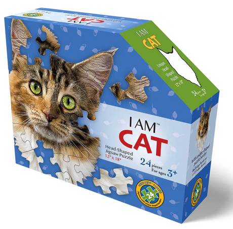 24-piece cat head-shaped jigsaw puzzle box showing partially assembled puzzle with bright green cat eyes on blue background