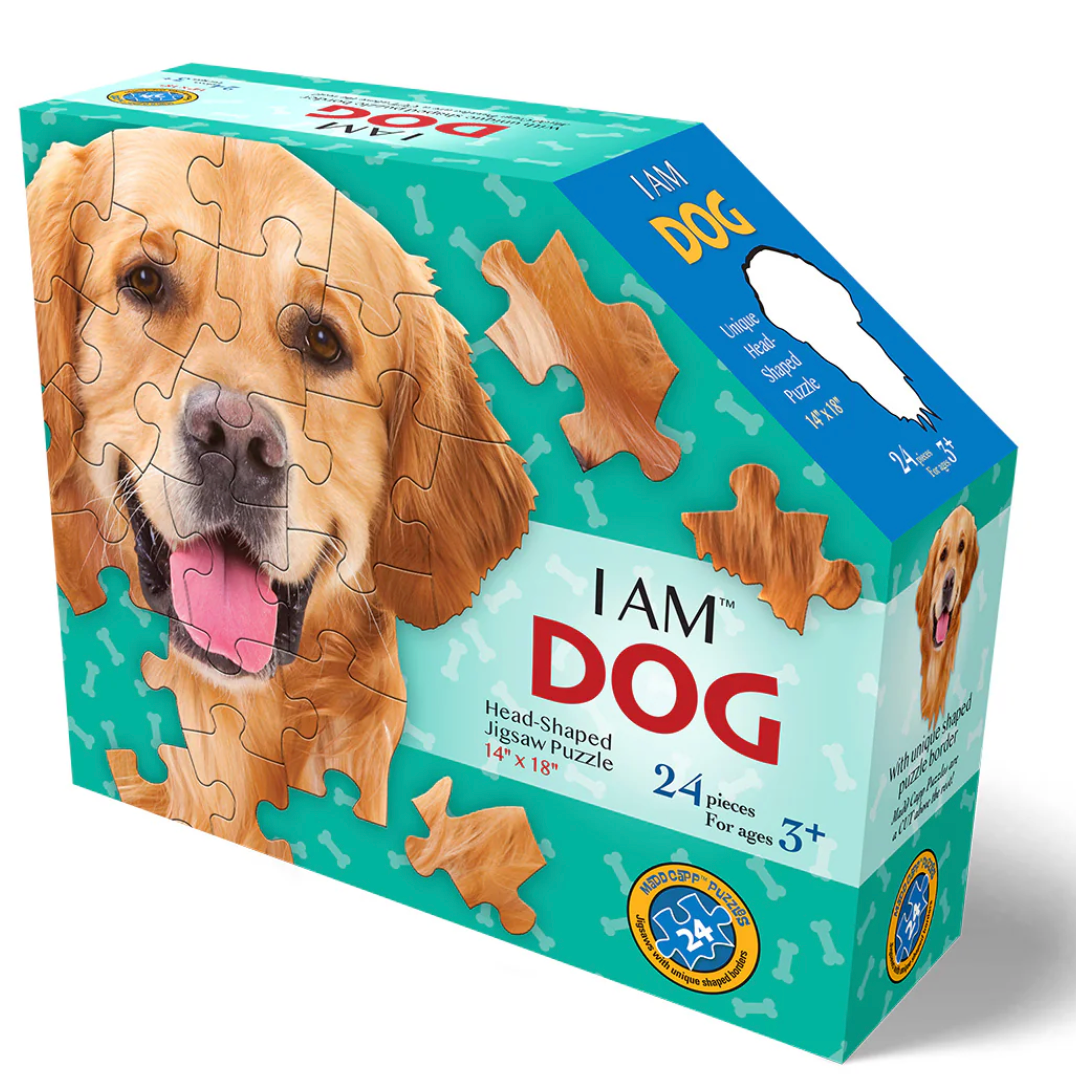 Box of 24-piece dog head-shaped jigsaw puzzle with oversized pieces and educational fun facts booklet for kids age 3 plus.