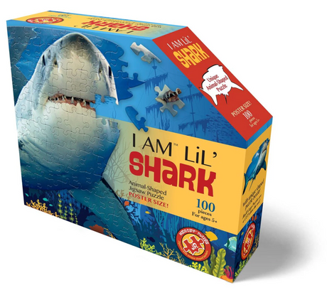 Box of 100-piece oversized animal-shaped shark jigsaw puzzle with educational fun facts and poster-sized image when completed