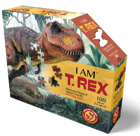 Box of 100-piece dinosaur-shaped T. Rex jigsaw puzzle with large pieces and educational facts insert for kids ages 6 and up