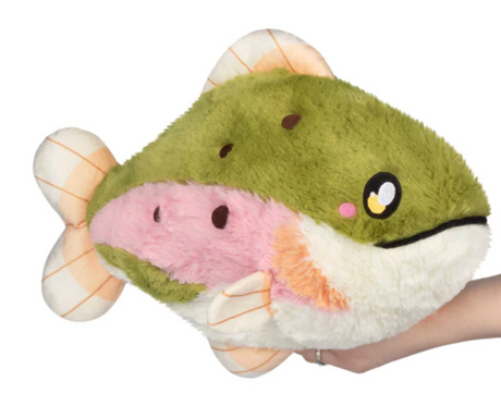 Soft and colorful plush Rainbow Trout toy with playful eyes, perfect for all ages and cuddling adventures.
