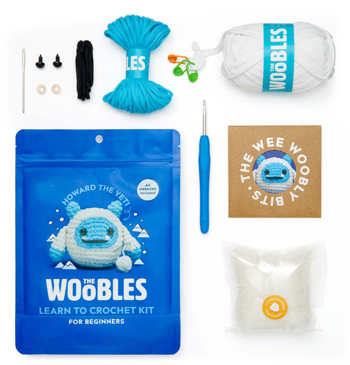 Beginner crochet kit with yarn, hook, stuffing, plastic eyes, stitch markers, and Howard the Yeti pattern pack