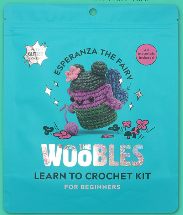 Esperanza the Fairy crochet kit with glitter yarn, all materials included, beginner-friendly tutorial and supplies.
