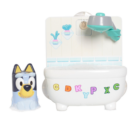 Interactive Bluey bath toy with bathtub, showerhead, and letters for fun and engaging bath play and learning.