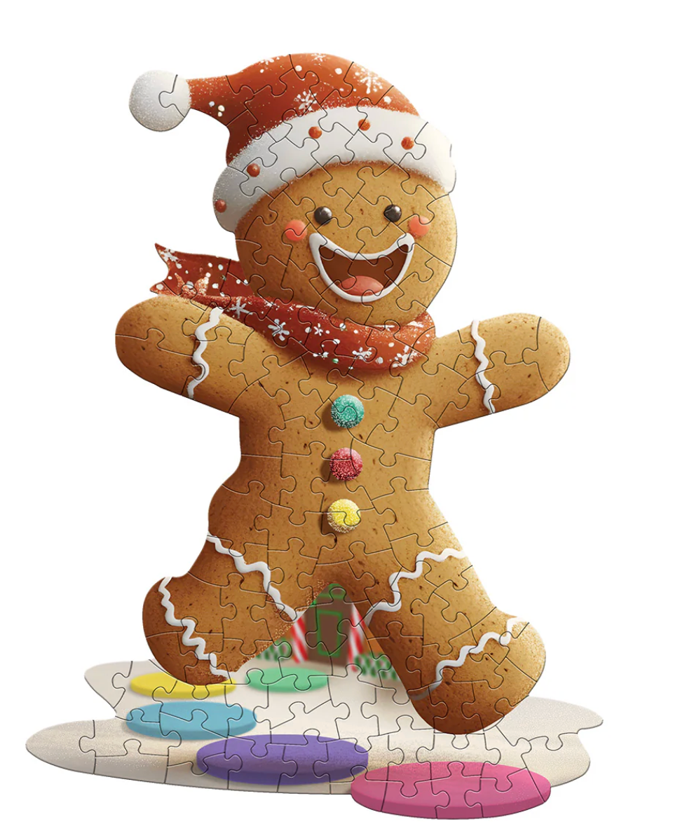 Completed 100-piece jigsaw puzzle of a smiling gingerbread man with colorful buttons and festive scarf and hat
