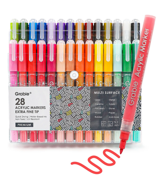 Set of 28 extra fine tip acrylic paint markers in vibrant colors with water-based, quick-drying ink for smooth lines.