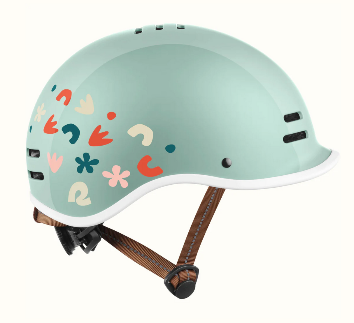 Remi Kids Bike & Skate Helmet in mint with colorful floral designs, built-in visor, and adjustable straps for a secure fit.
