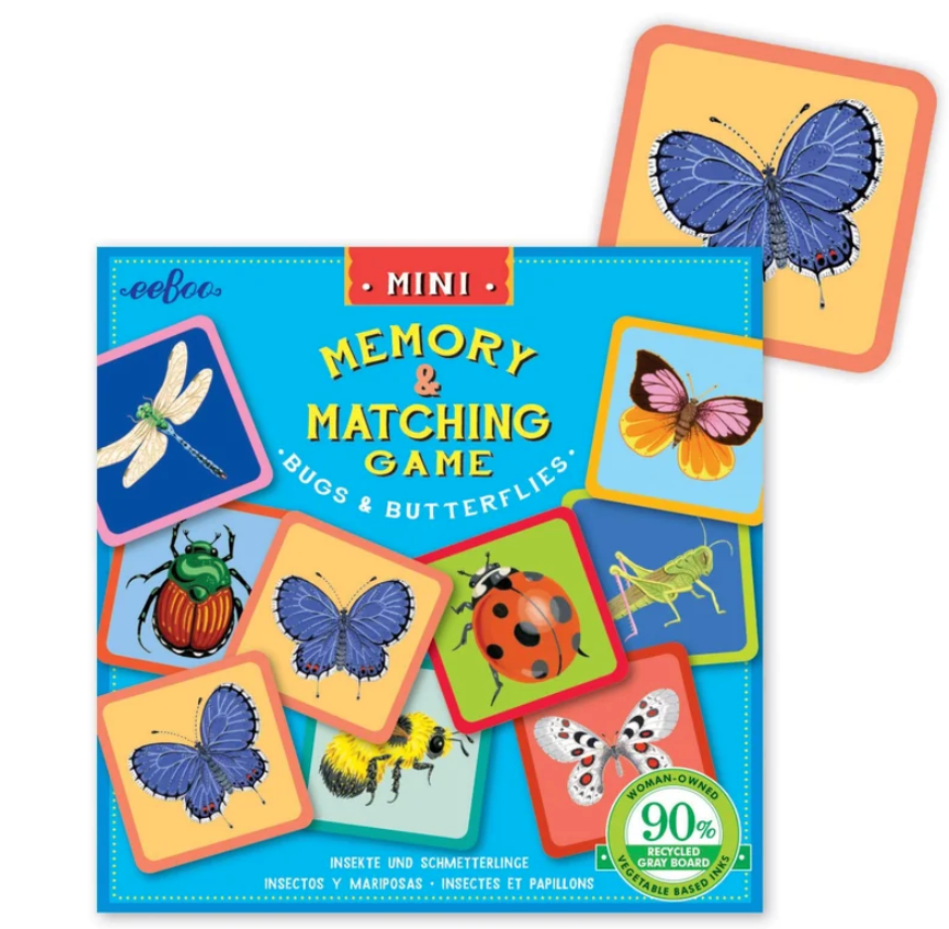 Mini Memory & Matching Game featuring colorful bugs and butterflies with nature-themed illustrated cards for children age 3 and up.