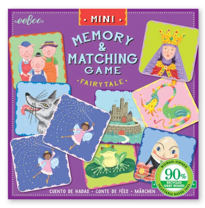 Mini Memory & Matching Game Fairytale edition featuring charming characters like a princess, wolf, and magical creatures.