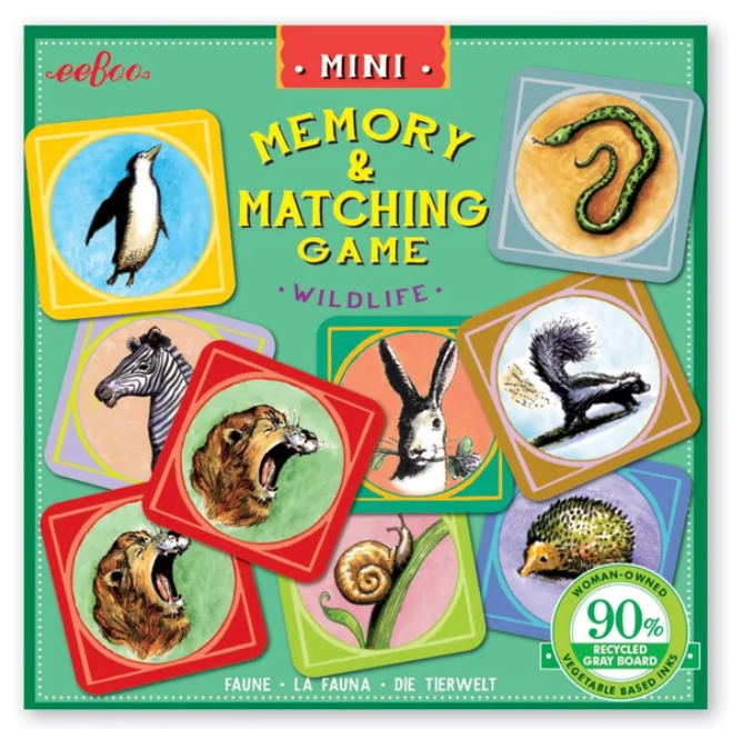 Mini Memory & Matching Game with illustrated wildlife animals including zebra, lion, penguin, skunk, and snake cards.