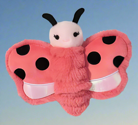 Mini Bug plush ladybug with soft pink wings and black spots, perfect for cuddling or gifting.