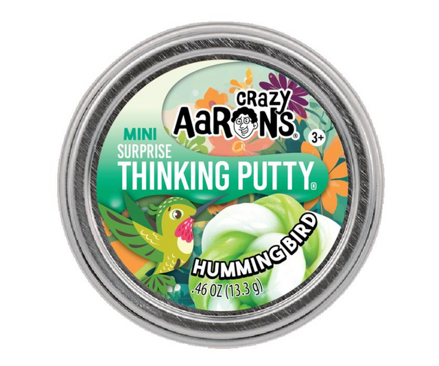 Mini Spring Surprise Thinking Putty tin featuring Hummingbird design with green and white swirled putty inside.