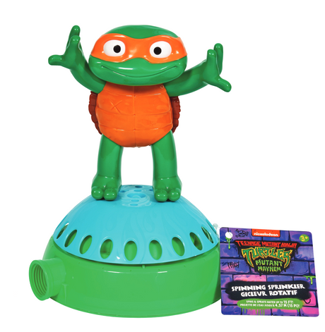 Spinning Sprinkler featuring a Teenage Mutant Ninja Turtle character, designed to connect to any garden hose for outdoor fun.
