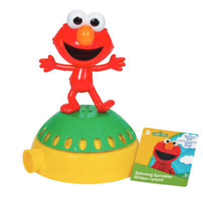 Spinning Sprinkler with red character on green and yellow base, designed for backyard fun and water play.