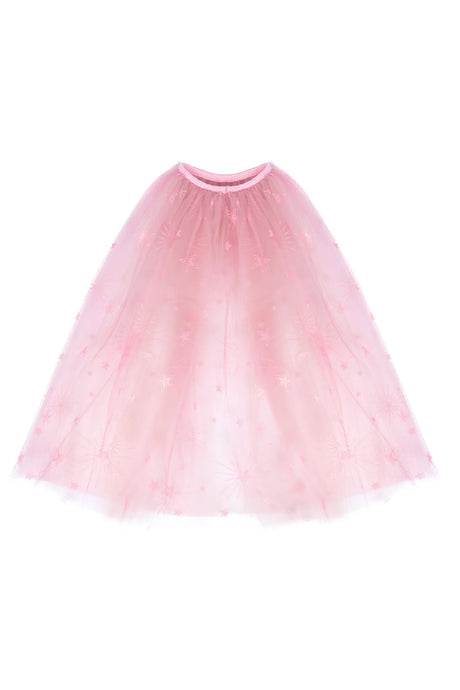 Soft pink tulle cape with delicate star accents designed for children sizes 4 to 6, perfect for dress-up and special moments