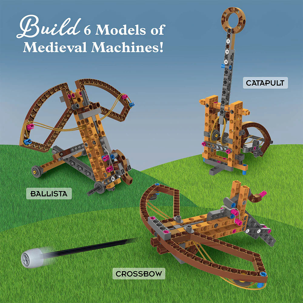 Catapult Engineering kit showing six medieval models including catapult, ballista, and crossbow on grassy field background.